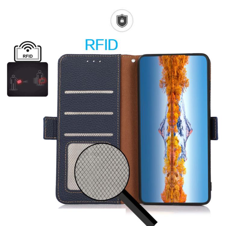 For iPhone 17 Pro KHAZNEH Side-Magnetic Litchi Genuine Leather RFID Case(Blue) - free shipping - PMc TechLife - Order now!