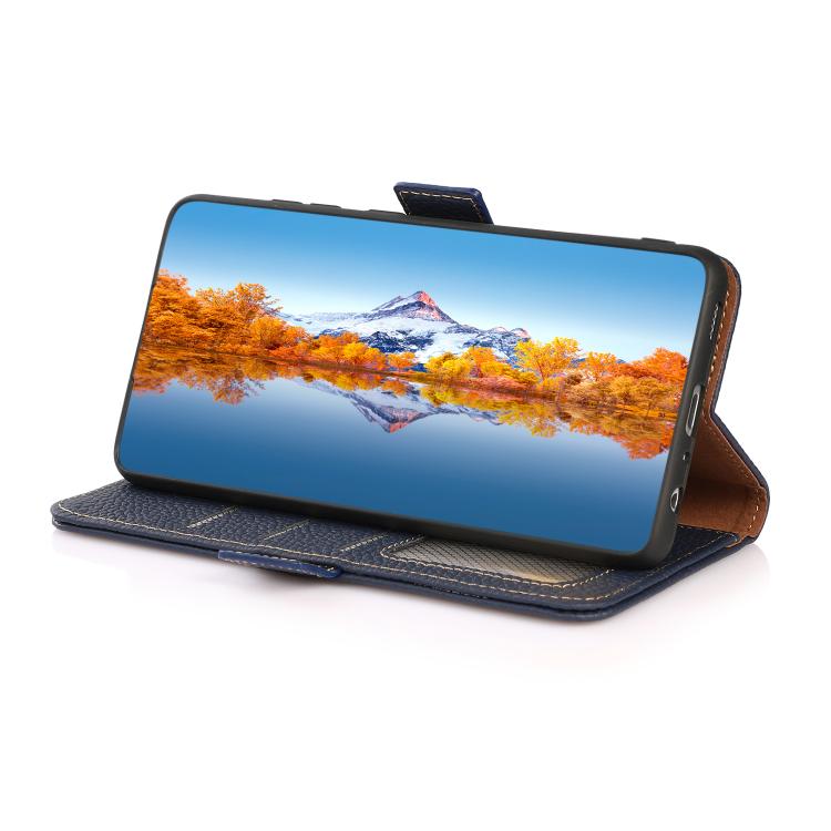 For iPhone 17 Pro KHAZNEH Side-Magnetic Litchi Genuine Leather RFID Case(Blue) - free shipping - PMc TechLife - Order now!