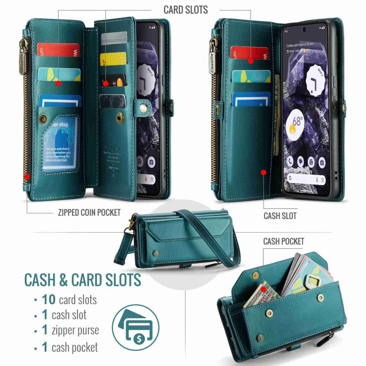 For Google Pixel 8 CaseMe C36 Card Slots Zipper Wallet RFID Anti-theft Leather Phone Case(Blue-green) - Google Cases by CaseMe | Online Shopping South Africa | PMC Jewellery | Buy Now Pay Later Mobicred