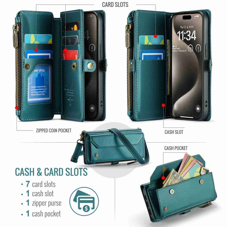 For iPhone 15 Pro CaseMe C36 Card Slots Zipper Wallet RFID Anti-theft Leather Phone Case(Blue-green) - iPhone 15 Pro Cases by CaseMe | Online Shopping South Africa | PMC Jewellery | Buy Now Pay Later Mobicred