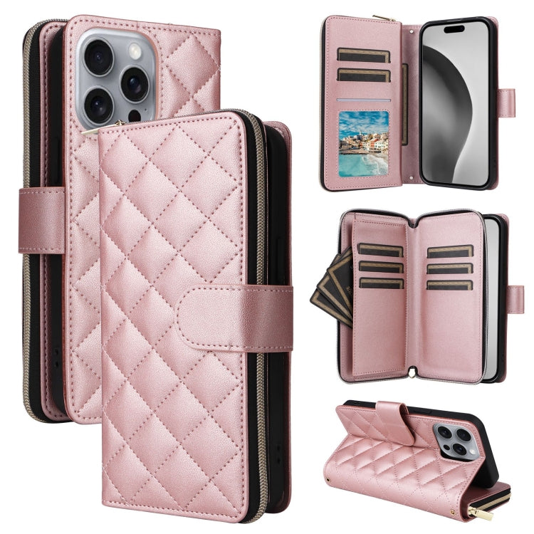 For iPhone 16 Pro Max Crossbody Rhombic Zipper Tower Buckle Leather Phone Case with Lanyard(Rose Gold) - iPhone 16 Pro Max Cases by PMC Jewellery | Online Shopping South Africa | PMC Jewellery | Buy Now Pay Later Mobicred