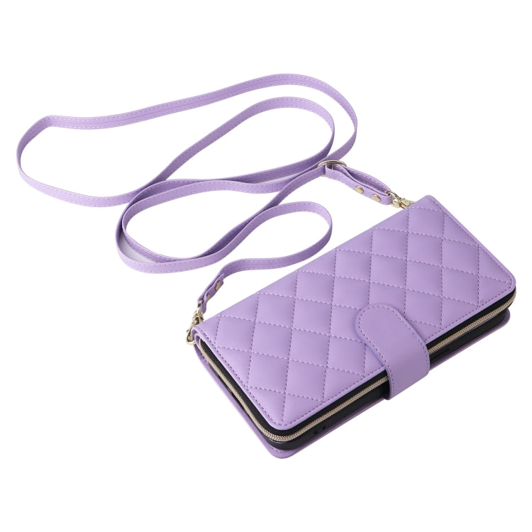 For iPhone 16 Pro Crossbody Rhombic Zipper Tower Buckle Leather Phone Case with Lanyard(Purple) - iPhone 16 Pro Cases by PMC Jewellery | Online Shopping South Africa | PMC Jewellery | Buy Now Pay Later Mobicred