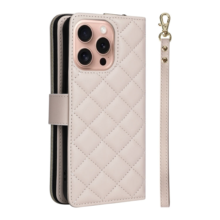 For iPhone 16 Pro Crossbody Rhombic Zipper Tower Buckle Leather Phone Case with Lanyard(Beige) - iPhone 16 Pro Cases by PMC Jewellery | Online Shopping South Africa | PMC Jewellery | Buy Now Pay Later Mobicred