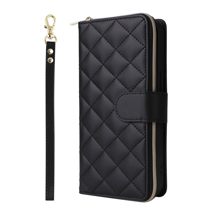 For iPhone 16 Pro Crossbody Rhombic Zipper Tower Buckle Leather Phone Case with Lanyard(Black) - iPhone 16 Pro Cases by PMC Jewellery | Online Shopping South Africa | PMC Jewellery | Buy Now Pay Later Mobicred