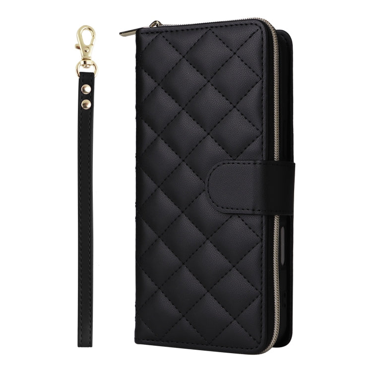 For iPhone 16 Plus Crossbody Rhombic Zipper Tower Buckle Leather Phone Case with Lanyard(Black) - iPhone 16 Plus Cases by PMC Jewellery | Online Shopping South Africa | PMC Jewellery | Buy Now Pay Later Mobicred