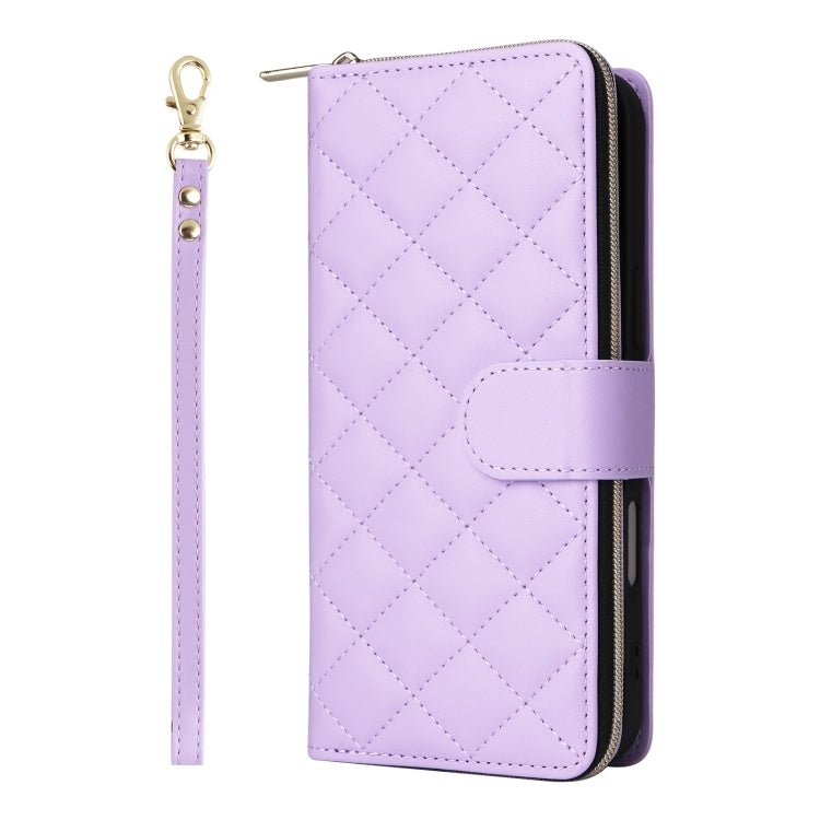 For iPhone 16 Crossbody Rhombic Zipper Tower Buckle Leather Phone Case with Lanyard(Purple) - iPhone 16 Cases by PMC Jewellery | Online Shopping South Africa | PMC Jewellery | Buy Now Pay Later Mobicred