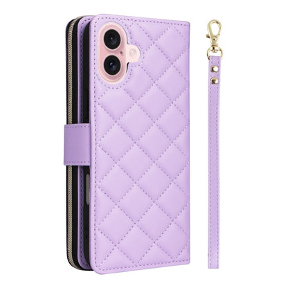 For iPhone 16 Crossbody Rhombic Zipper Tower Buckle Leather Phone Case with Lanyard(Purple) - iPhone 16 Cases by PMC Jewellery | Online Shopping South Africa | PMC Jewellery | Buy Now Pay Later Mobicred