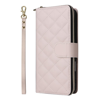 For iPhone 16 Crossbody Rhombic Zipper Tower Buckle Leather Phone Case with Lanyard(Beige) - iPhone 16 Cases by PMC Jewellery | Online Shopping South Africa | PMC Jewellery | Buy Now Pay Later Mobicred