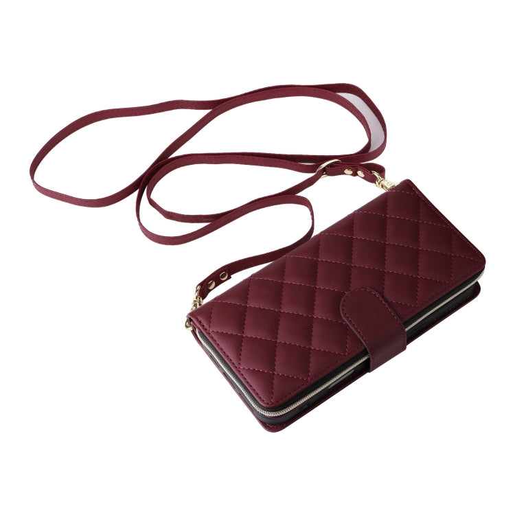 For iPhone 16 Crossbody Rhombic Zipper Tower Buckle Leather Phone Case with Lanyard(Wine Red) - iPhone 16 Cases by PMC Jewellery | Online Shopping South Africa | PMC Jewellery | Buy Now Pay Later Mobicred