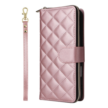 For iPhone 16 Crossbody Rhombic Zipper Tower Buckle Leather Phone Case with Lanyard(Rose Gold) - iPhone 16 Cases by PMC Jewellery | Online Shopping South Africa | PMC Jewellery | Buy Now Pay Later Mobicred