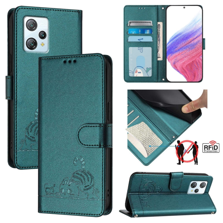 For Blackview A53 Cat Rat Embossed Pattern RFID Leather Phone Case with Lanyard(Peacock Green) - More Brand by PMC Jewellery | Online Shopping South Africa | PMC Jewellery | Buy Now Pay Later Mobicred