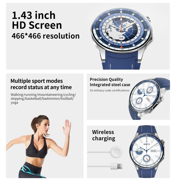 HD Watch X 1.43 inch IP68 BT5.3 Sport Smart Watch, Support Bluetooth Call / Sleep / Blood Oxygen / Heart Rate / Blood Pressure Health Monitor(Blue Leather + Blue Silicone Strap) - Smart Watches by PMC Jewellery | Online Shopping South Africa | PMC Jewellery | Buy Now Pay Later Mobicred