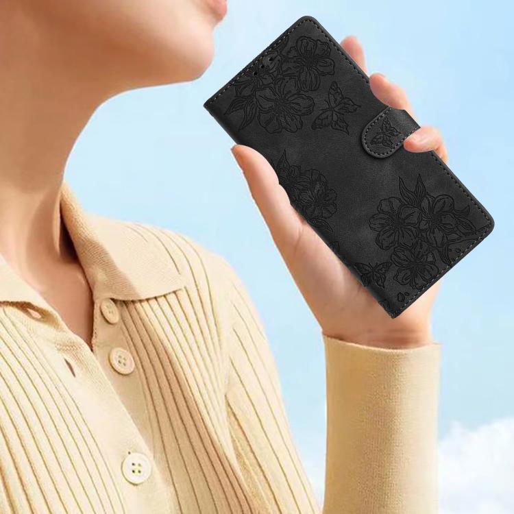 For iPhone 16e Cherry Blossom Butterfly Skin Feel Embossed PU Phone Case(Black) - iPhone 16e Cases by PMC TechLife | Online Shopping South Africa | PMC TechLife | Buy Now Pay Later Mobicred