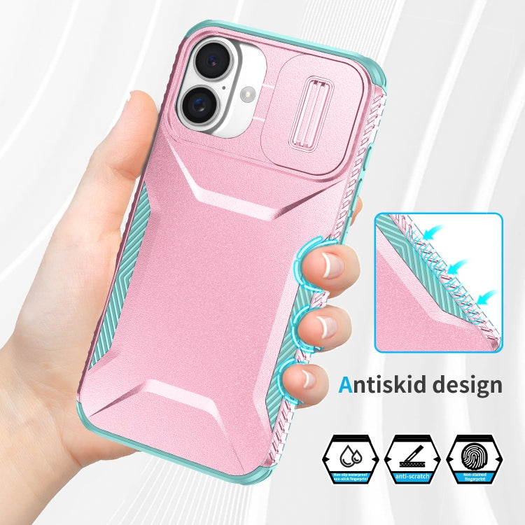 For iPhone 16 Plus Sliding Camshield Phone Case(Pink + Grey Green) - iPhone 16 Plus Cases by PMC Jewellery | Online Shopping South Africa | PMC Jewellery | Buy Now Pay Later Mobicred