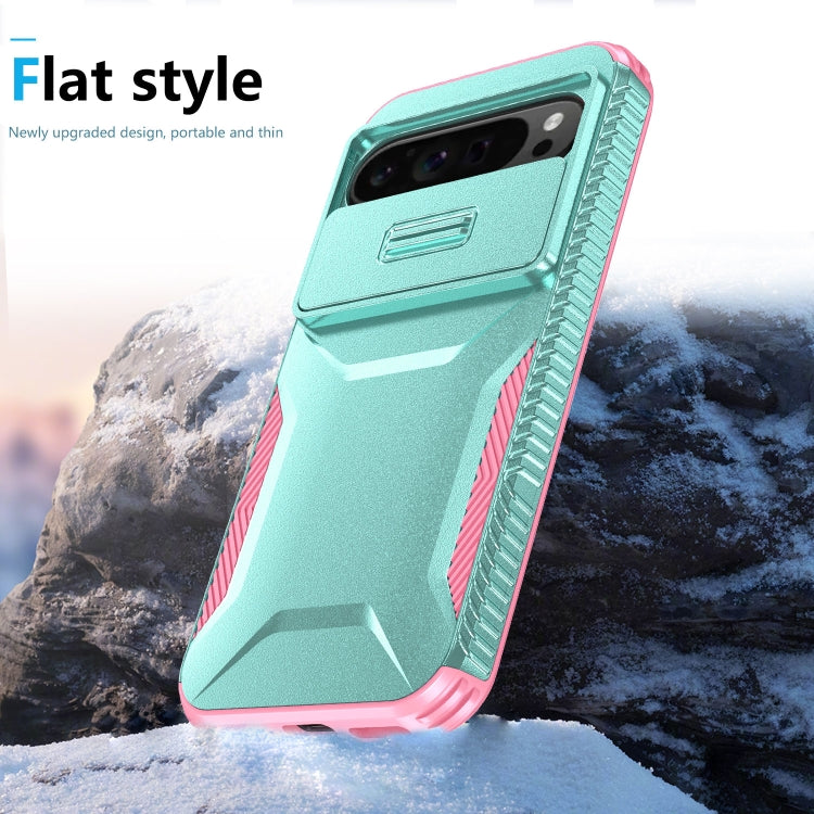 For Google Pixel 9 Pro XL Sliding Camshield Phone Case(Grey Green + Pink) - Google Cases by PMC Jewellery | Online Shopping South Africa | PMC Jewellery | Buy Now Pay Later Mobicred