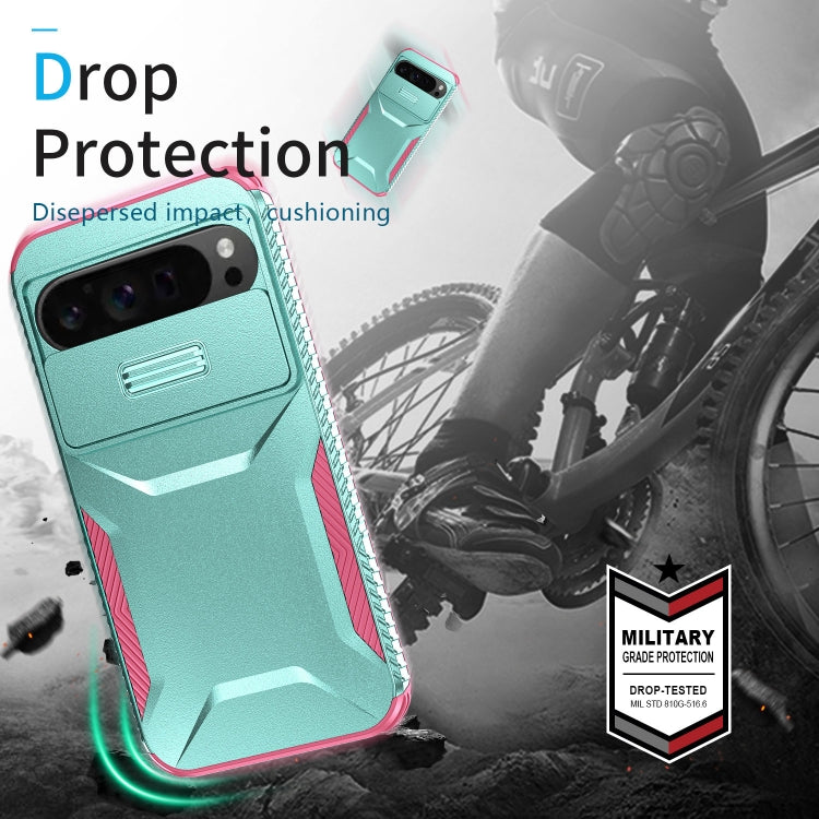 For Google Pixel 9 Pro XL Sliding Camshield Phone Case(Grey Green + Pink) - Google Cases by PMC Jewellery | Online Shopping South Africa | PMC Jewellery | Buy Now Pay Later Mobicred