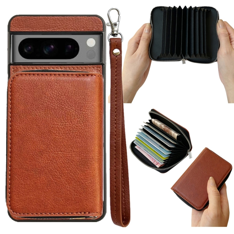 For Google Pixel 8 Pro Solid Color Zipper 11-Card Slots Bag Phone Case with Lanyard(Brown) - Google Cases by PMC TechLife | Online Shopping South Africa | PMC TechLife | Buy Now Pay Later Mobicred
