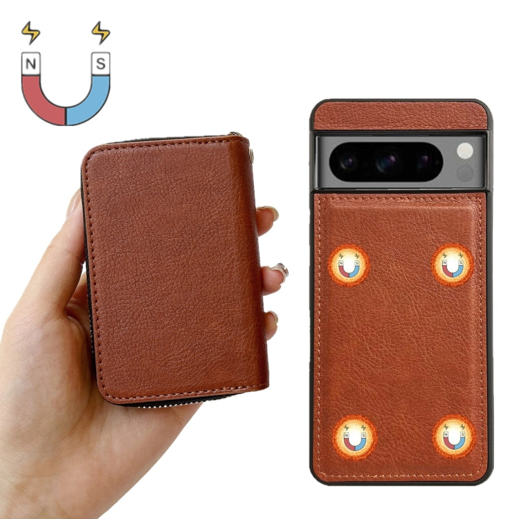 For Google Pixel 8 Pro Solid Color Zipper 11-Card Slots Bag Phone Case with Lanyard(Brown) - Google Cases by PMC TechLife | Online Shopping South Africa | PMC TechLife | Buy Now Pay Later Mobicred