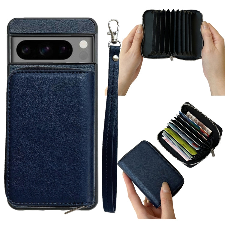 For Google Pixel 8 Solid Color Zipper 11-Card Slots Bag Phone Case with Lanyard(Blue) - free shipping - PMC TechLife - Order now!