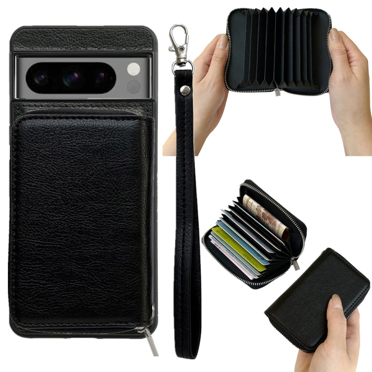 For Google Pixel 7 Pro Solid Color Zipper 11-Card Slots Bag Phone Case with Lanyard(Black) - Google Cases by PMC TechLife | Online Shopping South Africa | PMC TechLife | Buy Now Pay Later Mobicred