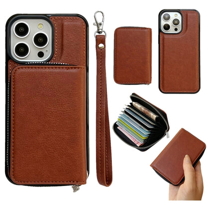 For iPhone 16 Pro Max Solid Color Zipper 11-Card Slots Bag Phone Case with Lanyard(Brown) - iPhone 16 Pro Max Cases by PMC Jewellery | Online Shopping South Africa | PMC Jewellery | Buy Now Pay Later Mobicred