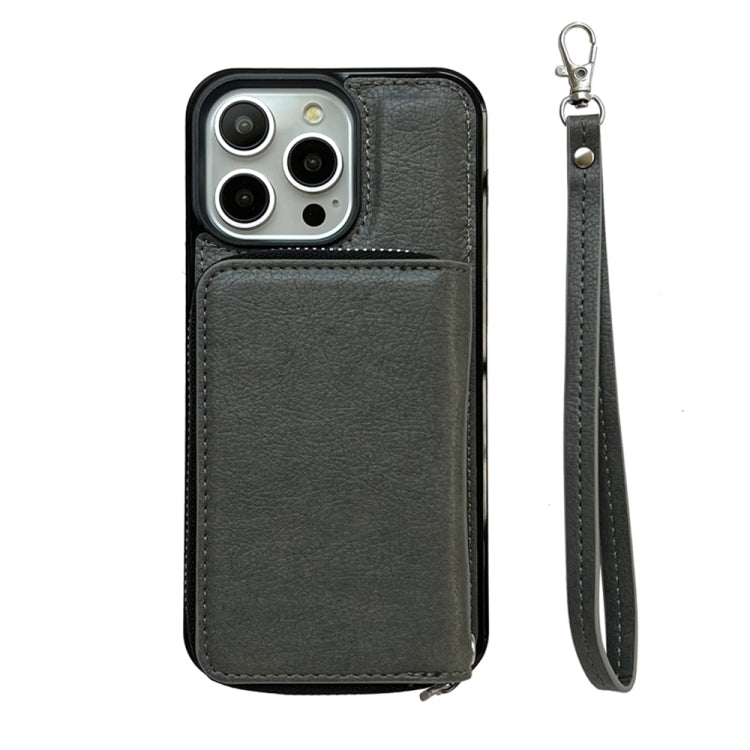 For iPhone 16 Pro Solid Color Zipper 11-Card Slots Bag Phone Case with Lanyard(Grey) - iPhone 16 Pro Cases by PMC Jewellery | Online Shopping South Africa | PMC Jewellery | Buy Now Pay Later Mobicred