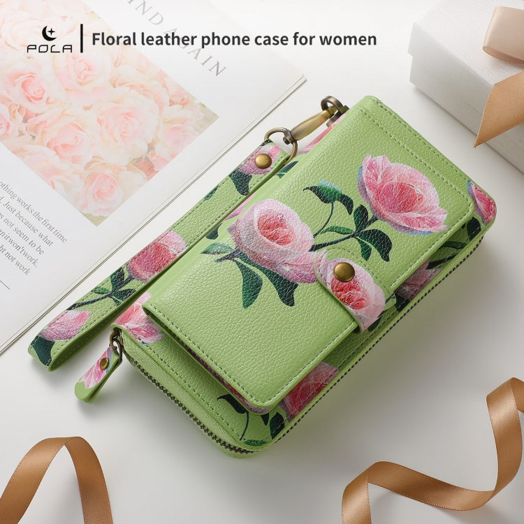 For Samsung Galaxy S24+ 5G POLA Flower Multi-functional Zipper Wallet Leather Phone Case(Green) - Galaxy S24+ 5G Cases by PMC Jewellery | Online Shopping South Africa | PMC Jewellery | Buy Now Pay Later Mobicred