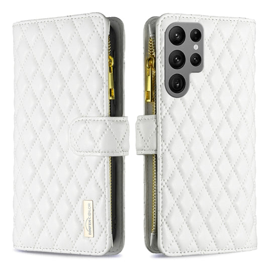 For Samsung Galaxy S25 Ultra 5G Diamond Lattice Zipper Wallet Leather Flip Phone Case(White) - Galaxy S25 Ultra 5G Cases by PMC Jewellery | Online Shopping South Africa | PMC Jewellery | Buy Now Pay Later Mobicred