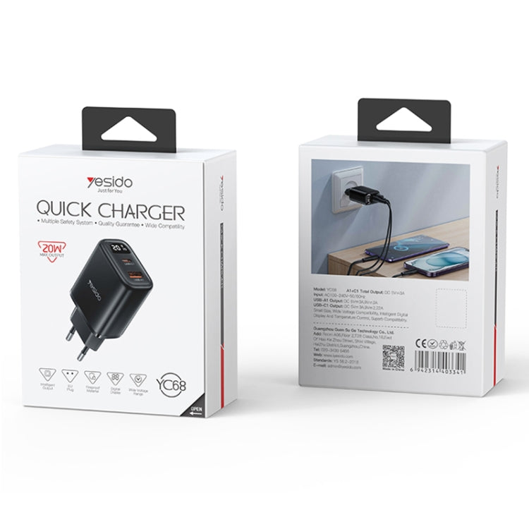 Yesido YC68 20W USB-C / Type-C + USB Digital Display Charger, Specification:EU Plug(Black) - free shipping - PMC TechLife - Order now!