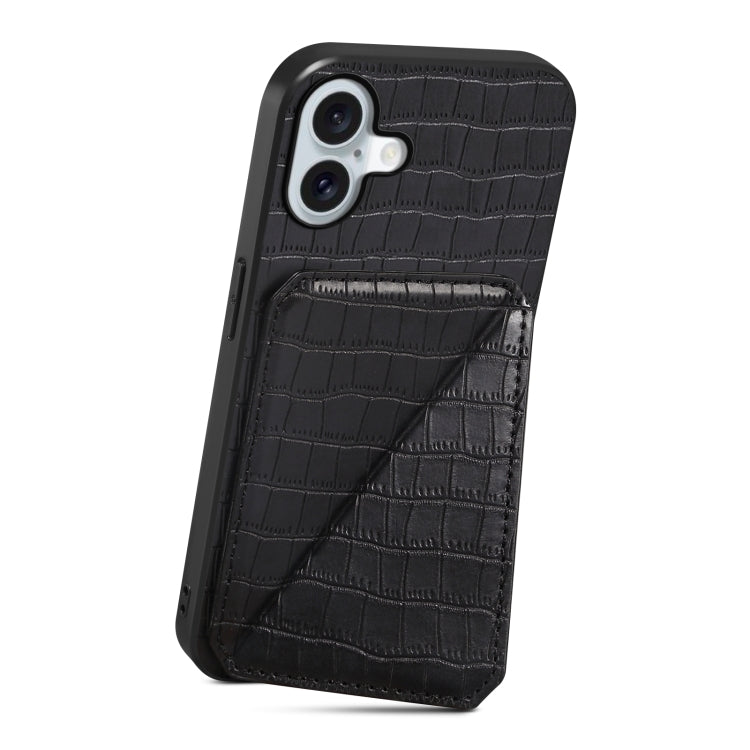 For iPhone 16 Imitation Crocodile Leather Back Phone Case with Holder(Black) - iPhone 16 Cases by PMC Jewellery | Online Shopping South Africa | PMC Jewellery | Buy Now Pay Later Mobicred