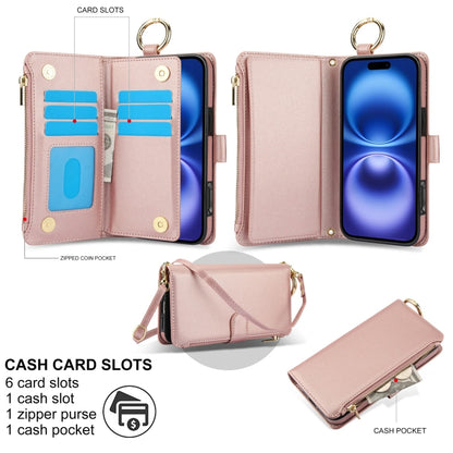 For iPhone 16 Plus Crossbody Ring Multifunctional Wallet Leather Phone Case(Rose Gold) - iPhone 16 Plus Cases by PMC Jewellery | Online Shopping South Africa | PMC Jewellery | Buy Now Pay Later Mobicred