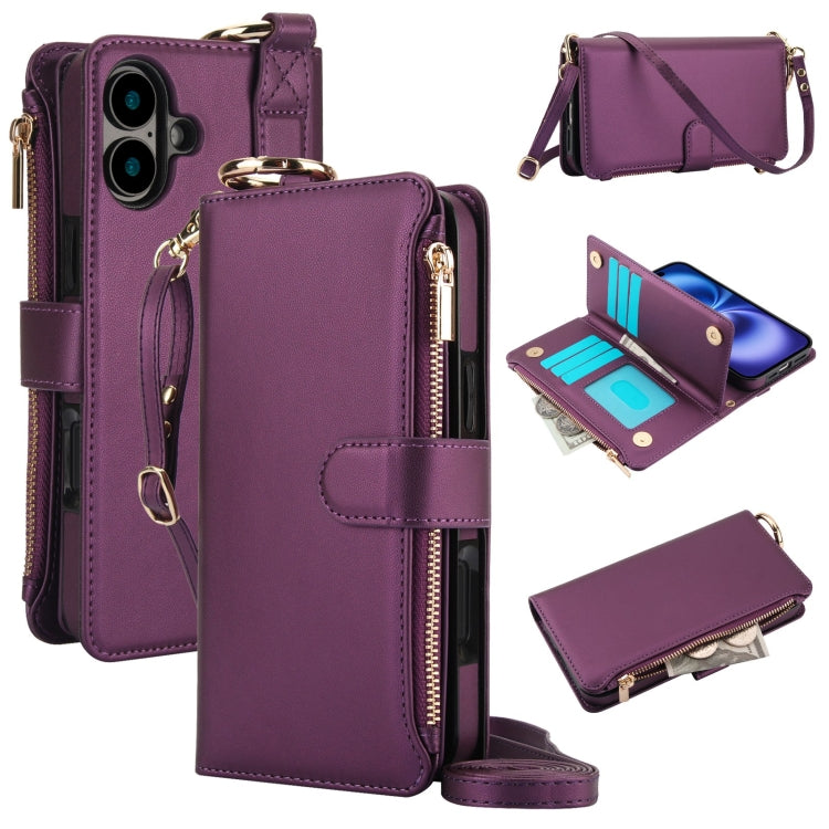 For iPhone 16 Plus Crossbody Ring Multifunctional Wallet Leather Phone Case(Dark Purple) - iPhone 16 Plus Cases by PMC Jewellery | Online Shopping South Africa | PMC Jewellery | Buy Now Pay Later Mobicred