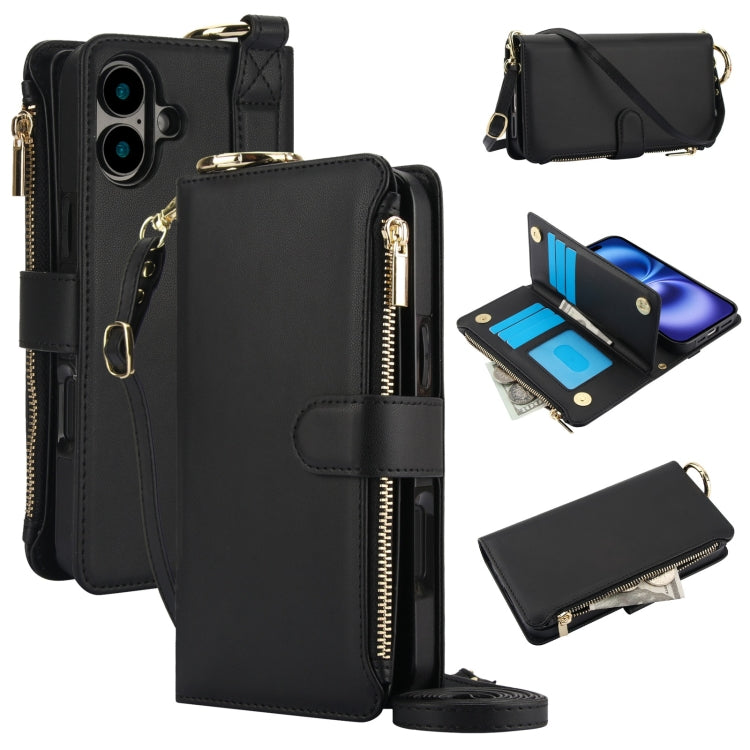 For iPhone 16 Crossbody Ring Multifunctional Wallet Leather Phone Case(Black) - iPhone 16 Cases by PMC Jewellery | Online Shopping South Africa | PMC Jewellery | Buy Now Pay Later Mobicred