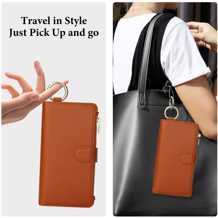 For iPhone 16 Crossbody Ring Multifunctional Wallet Leather Phone Case(Brown) - iPhone 16 Cases by PMC Jewellery | Online Shopping South Africa | PMC Jewellery | Buy Now Pay Later Mobicred