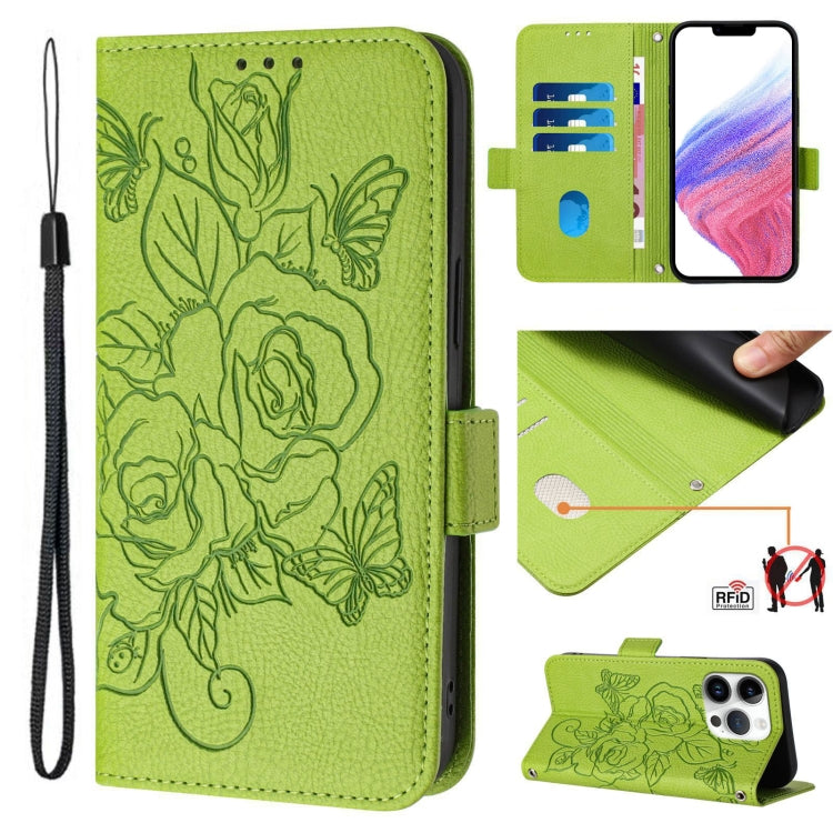 For iPhone 16 Pro Max Embossed Rose RFID Anti-theft Leather Phone Case(Green) - iPhone 16 Pro Max Cases by PMC TechLife | Online Shopping South Africa | PMC TechLife | Buy Now Pay Later Mobicred