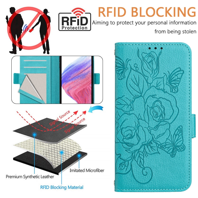 For Blackview A52 Embossed Rose RFID Anti-theft Leather Phone Case(Light Blue) - More Brand by PMC Jewellery | Online Shopping South Africa | PMC Jewellery | Buy Now Pay Later Mobicred