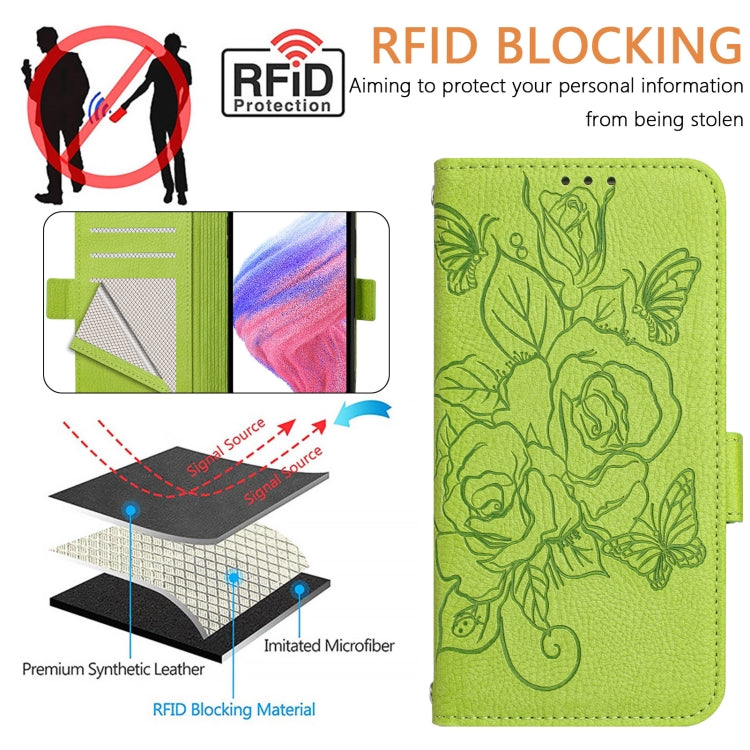 For Blackview A53 Embossed Rose RFID Anti-theft Leather Phone Case(Green) - More Brand by PMC TechLife | Online Shopping South Africa | PMC TechLife | Buy Now Pay Later Mobicred