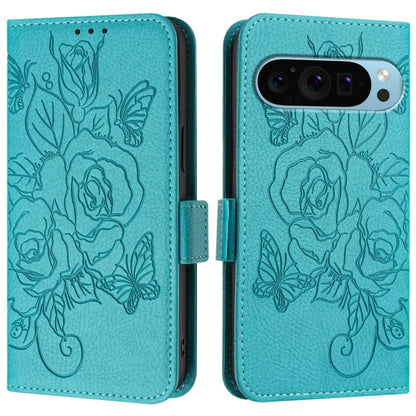 For Google Pixel 9 / 9 Pro Embossed Rose RFID Anti-theft Leather Phone Case(Light Blue) - Google Cases by PMC Jewellery | Online Shopping South Africa | PMC Jewellery | Buy Now Pay Later Mobicred