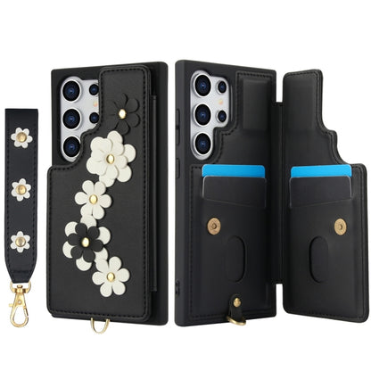 For Samsung Galaxy S25 Ultra 5G Crossbody Flower Pattern Leather Phone Case(Black) - Galaxy S25 Ultra 5G Cases by PMC Jewellery | Online Shopping South Africa | PMC Jewellery | Buy Now Pay Later Mobicred