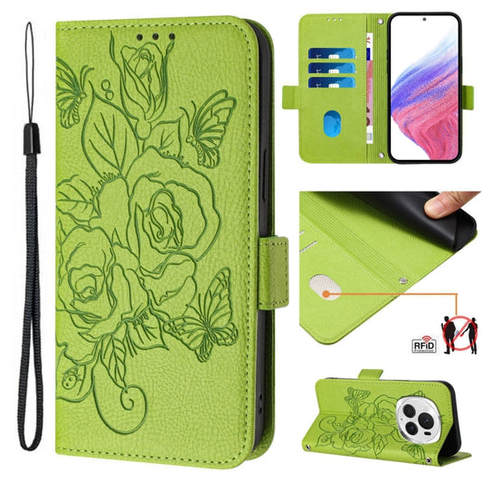 For Honor Magic6 Pro 5G Embossed Rose RFID Anti-theft Leather Phone Case(Green) - Honor Cases by PMC Jewellery | Online Shopping South Africa | PMC Jewellery | Buy Now Pay Later Mobicred