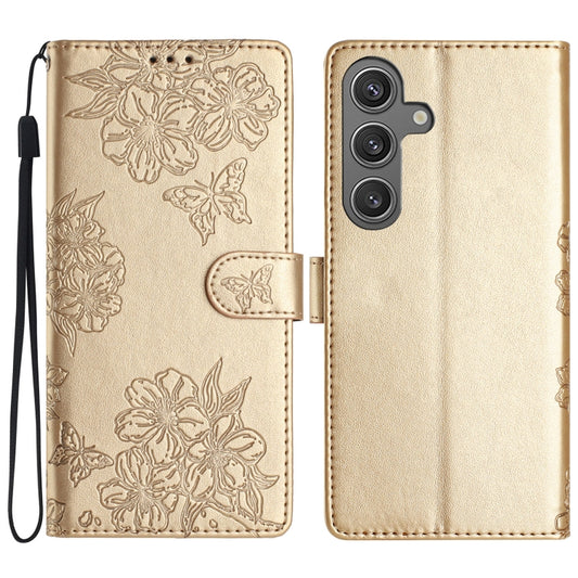 For Samsung Galaxy S25 5G Cherry Blossom Butterfly Skin Feel Embossed PU Phone Case(Gold) - Galaxy S25 5G Cases by PMC Jewellery | Online Shopping South Africa | PMC Jewellery | Buy Now Pay Later Mobicred