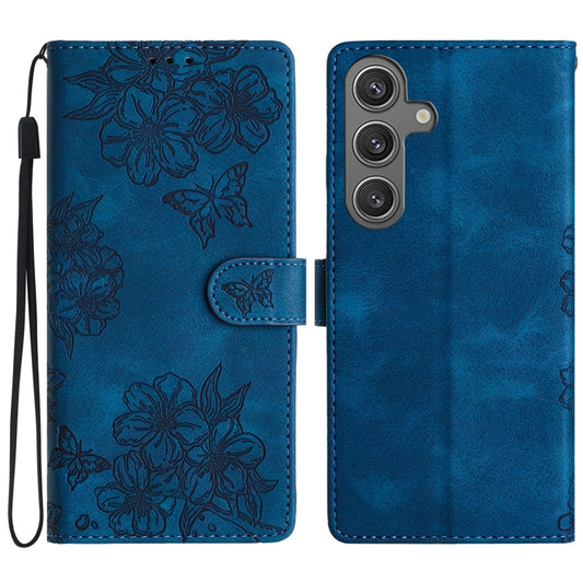 For Samsung Galaxy S25+ 5G Cherry Blossom Butterfly Skin Feel Embossed PU Phone Case(Blue) - Galaxy S25+ 5G Cases by PMC Jewellery | Online Shopping South Africa | PMC Jewellery | Buy Now Pay Later Mobicred