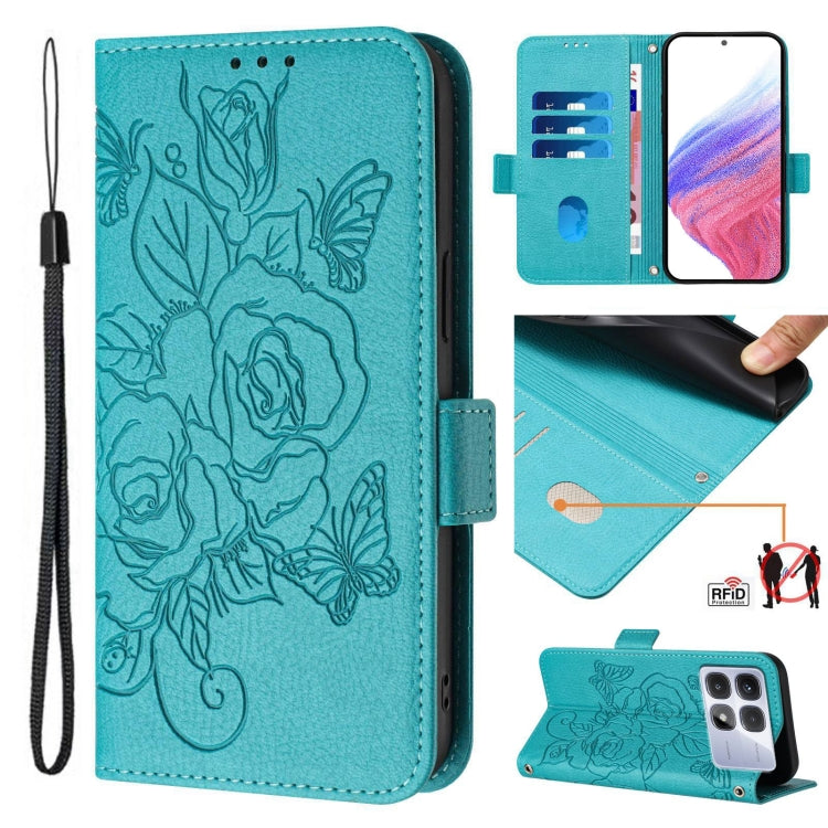 For Redmi K70 Ultra 5G Global Embossed Rose RFID Anti-theft Leather Phone Case(Light Blue) - Xiaomi Cases by PMC Jewellery | Online Shopping South Africa | PMC Jewellery | Buy Now Pay Later Mobicred