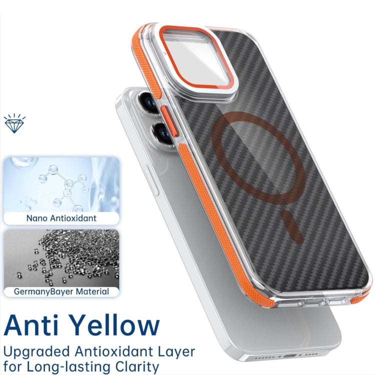 For iPhone 16 Plus Magsafe Dual-Color Carbon Fiber Lens Film Phone Case with Lens Fold Holder(Orange) - iPhone 16 Plus Cases by PMC Jewellery | Online Shopping South Africa | PMC Jewellery | Buy Now Pay Later Mobicred