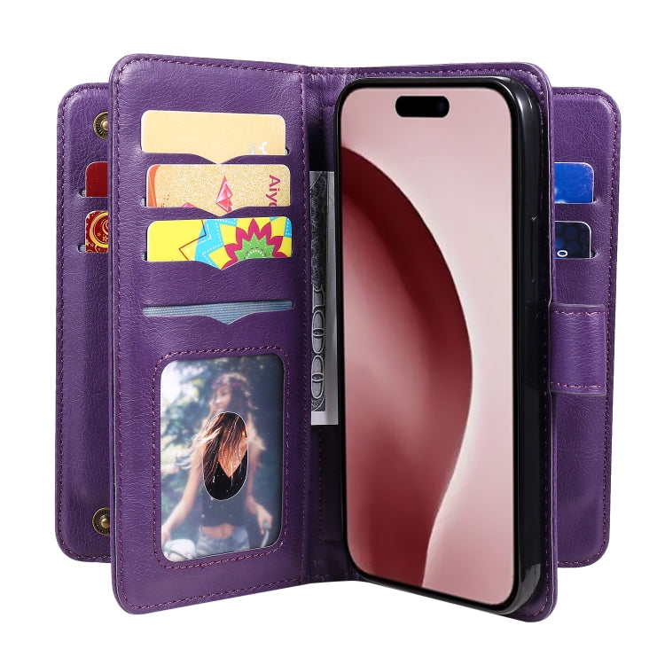 For iPhone 16 Pro Multi-Function Wallet 10 Card Slots Leather Phone Case(Violet) - iPhone 16 Pro Cases by PMC Jewellery | Online Shopping South Africa | PMC Jewellery | Buy Now Pay Later Mobicred