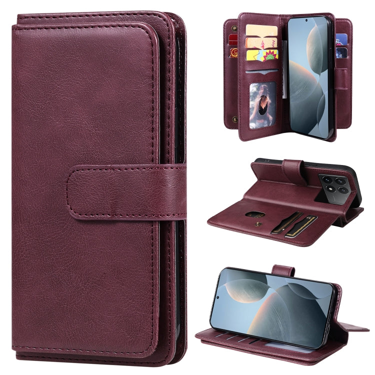 For Redmi K70 Multi-Function Wallet 10 Card Slots Leather Phone Case(Claret) - K70 Cases by PMC Jewellery | Online Shopping South Africa | PMC Jewellery | Buy Now Pay Later Mobicred