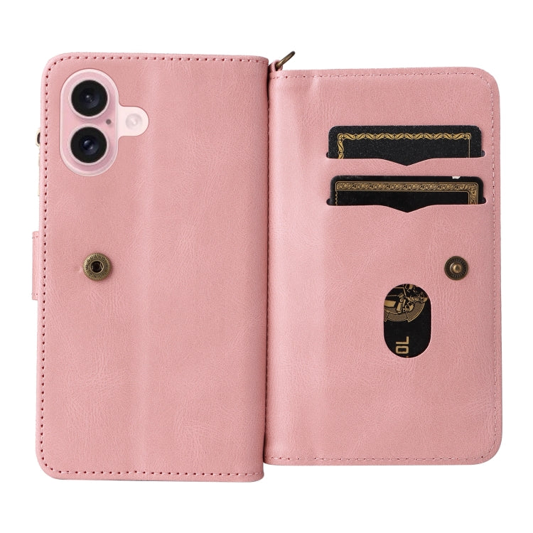 For iPhone 16 Skin Feel Multi Card Slots Zipper Wallet Leather Phone Case(Pink) - iPhone 16 Cases by PMC Jewellery | Online Shopping South Africa | PMC Jewellery | Buy Now Pay Later Mobicred