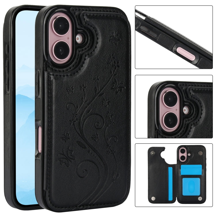 For iPhone 16 Double Buckle Butterfly Embossing PU Phone Case(Black) - iPhone 16 Cases by PMC TechLife | Online Shopping South Africa | PMC TechLife | Buy Now Pay Later Mobicred
