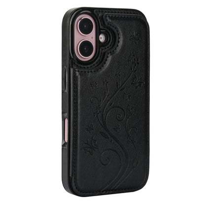 For iPhone 16 Double Buckle Butterfly Embossing PU Phone Case(Black) - iPhone 16 Cases by PMC Jewellery | Online Shopping South Africa | PMC Jewellery | Buy Now Pay Later Mobicred