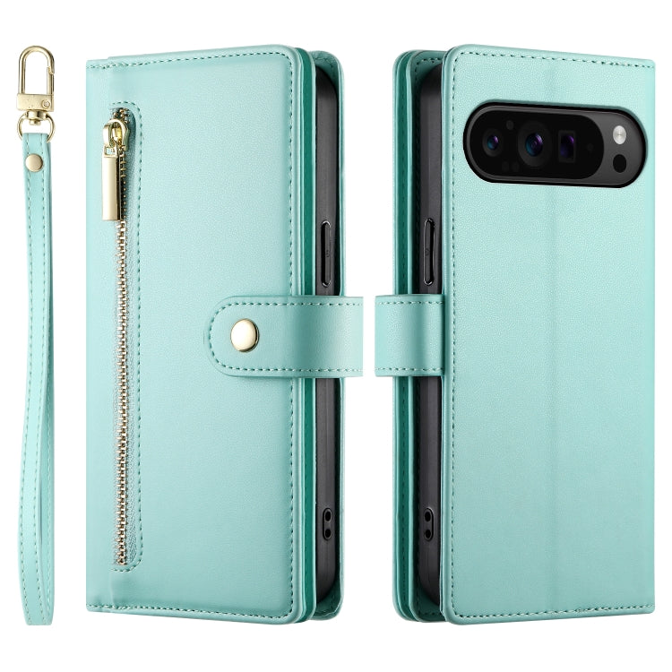 For Google Pixel 9 Pro XL Nine Card-slot Zipper Wallet Bag Leather Phone Case(Mint Green) - Google Cases by PMC Jewellery | Online Shopping South Africa | PMC Jewellery | Buy Now Pay Later Mobicred